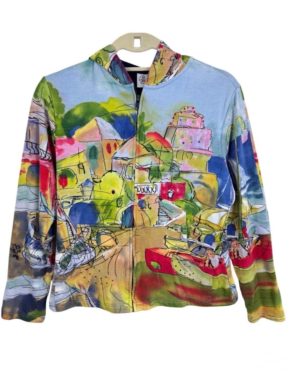 Michael Leu Wearable Art Hoodie Womens Small Scenic Print Rhinestone Zip Jacket